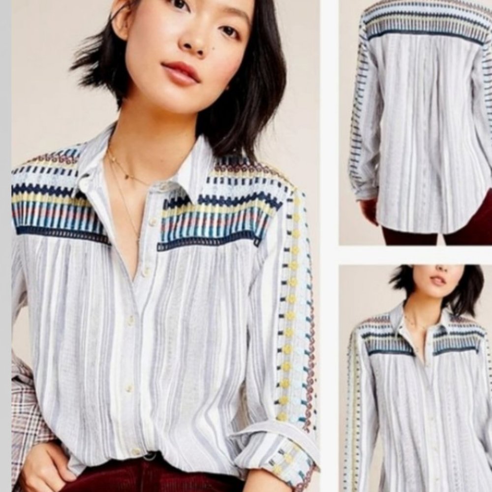 Pilcro by Anthropologie The Cate Embroidered Striped Button Up Shirt Blouse M
